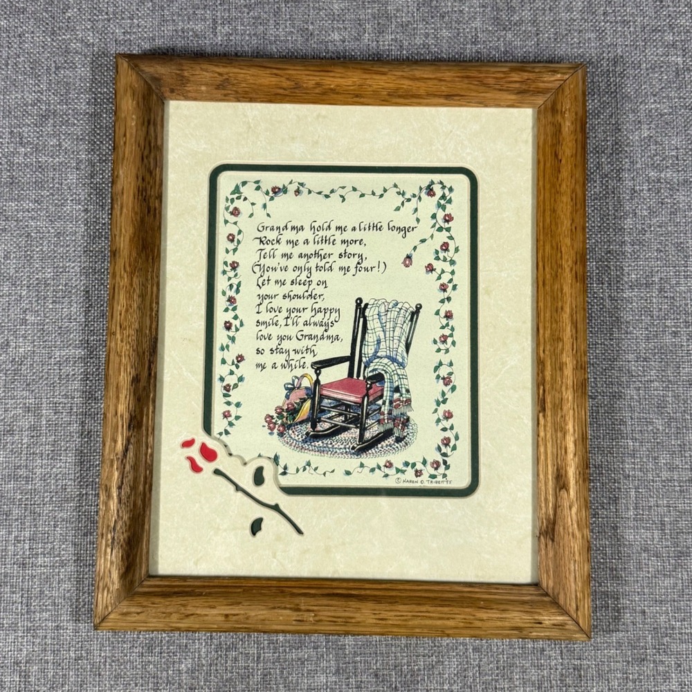 VTG Karen O Tribett Grandma Hold Me Poem Framed Art Wood Frame Beige Floral 1995